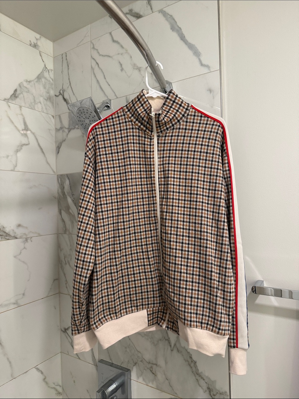 Zara Beige Plaid Lightweight Jacket with Red Stripe Sleeve Detail
